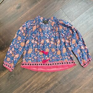 NAT by Natalie Martin S Smocked Boho Peasant Blouse Blue Pink Orange Size S